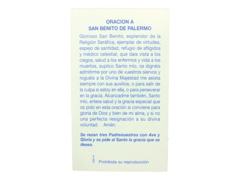 Estampita San Benito de Palermo oracion