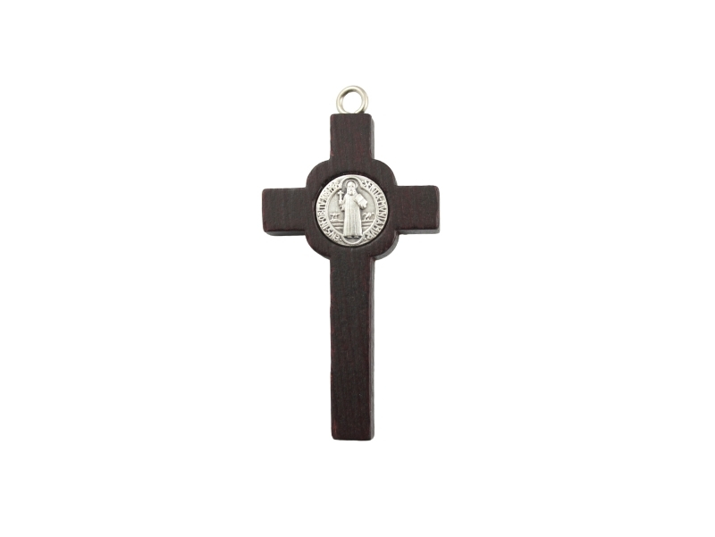 Cruz Madera y Metal con Cristo y medalla San Benito 60x30mm - dorso